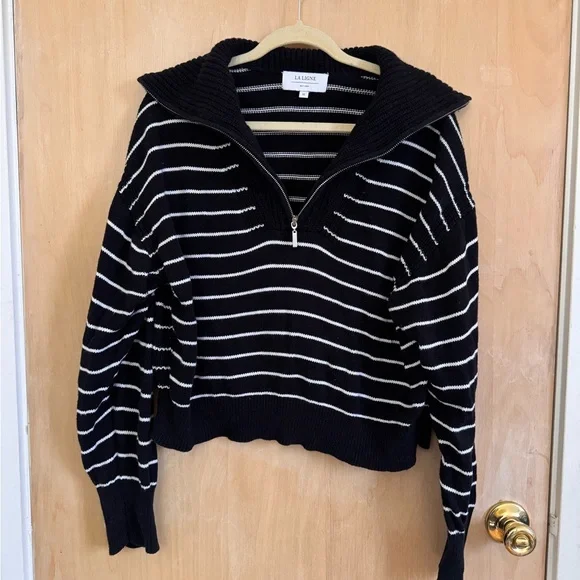 La Ligne Striped Half-Zip Cotton Cropped Sweater in Black/White - Size Medium - Picture 2 of 6